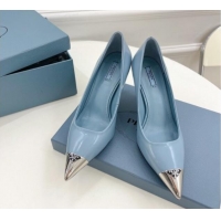 Good Product Prada Brush Leather Slingback Pumps 7.5cm with Metal Logo Blue 0523102