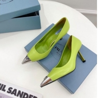 Popular Style Prada Brush Leather Slingback Pumps 7.5cm with Metal Logo Green 0523103