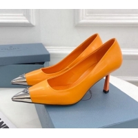 Pretty Style Prada Brush Leather Slingback Pumps 7.5cm with Metal Logo Orange 0523104