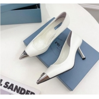 Best Grade Prada Brush Leather Mid-Heel Pumps 7.5cm with Metal Logo White 0523106