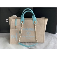 Stylish Grade Chanel Canvas Tote Shopping Bag B66941 Beige&sky blue