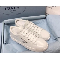 Luxurious Prada Brush Leather Sneakers with Heel Tab All White 052624