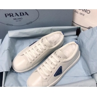 Best Price Prada Brush Leather Sneakers with Blue Heel Tab White 2052626