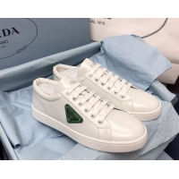 Stylish Prada Brush Leather Sneakers with Green Heel Tab White 052628