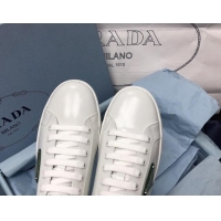 Stylish Prada Brush Leather Sneakers with Green Heel Tab White 052628