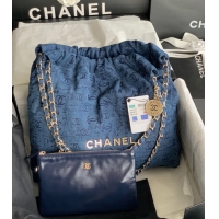 Famous Brand CHANEL 22 HANDBAG Denim AS3261 blue&gold