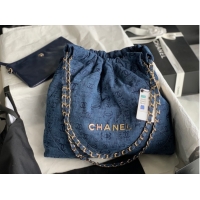 Famous Brand CHANEL 22 HANDBAG Denim AS3261 blue&gold