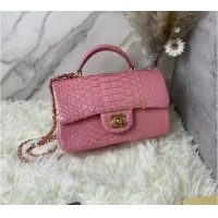 Top Quality Chanel Snake skin mini flap bag with top handle AS2431 Pearlescent Pink