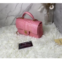 Top Quality Chanel Snake skin mini flap bag with top handle AS2431 Pearlescent Pink