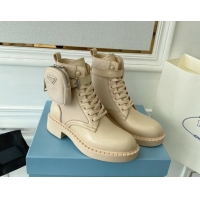 Fashion Prada Brushed Leather and Re-Nylon Ankle Boots with Pouch Desert Beige 070434