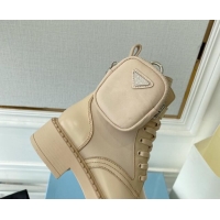 Fashion Prada Brushed Leather and Re-Nylon Ankle Boots with Pouch Desert Beige 070434