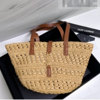 Shop Grade Saint Laurent Panier Small Tote Bag in Crochet Raffia and Smooth Leather 685618 Camel Brown 2022