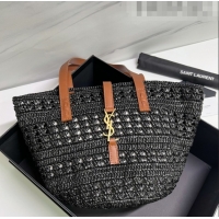 Shop Grade Saint Laurent Panier Small Tote Bag in Crochet Raffia and Smooth Leather 685618 Black 2022