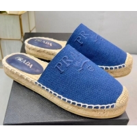 Prada Logo Linen Espadrille Mules Blue 071163