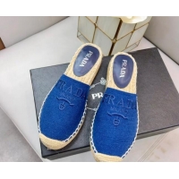 Prada Logo Linen Espadrille Mules Blue 071163