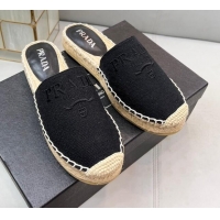 Top Grade Prada Logo Linen Espadrille Mules Black 071164