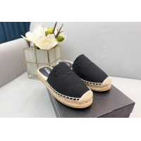 Top Grade Prada Logo Linen Espadrille Mules Black 071164