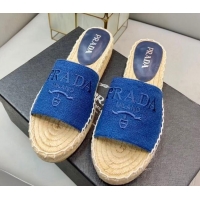 Duplicate Prada Logo Linen Espadrille Slide Sandals Blue 071168