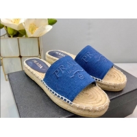 Duplicate Prada Logo Linen Espadrille Slide Sandals Blue 071168