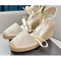 Good Looking Prada Logo Linen Wedge Pumps 8cm White 2022 071169