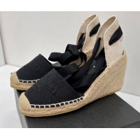 Stylish Prada Logo Linen Wedge Pumps 8cm Black 071170