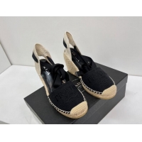 Stylish Prada Logo Linen Wedge Pumps 8cm Black 071170