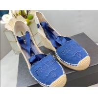 Perfect Prada Logo Linen Wedge Pumps 8cm Blue 071171