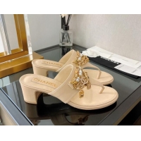 Luxury Chanel Lambskin Heel Thong Sandals 5cm with Chain Tassel Nude 051937