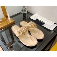 Grade Chanel Lambskin Flat Thong Sandals with Chain Tassel Nude 051938