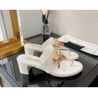 Stylish Chanel Lambskin Heel Thong Sandals 5cm with Chain Tassel White 051939