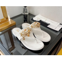 Grade Quality Chanel Lambskin Flat Thong Sandals with Chain Tassel White 051940