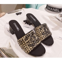 Purchase Chanel Tweed Medium Heel Slide Sandals 4.5cm Gold/Black 51951