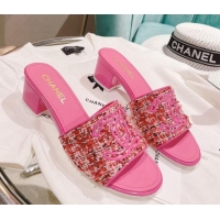 Best Grade Chanel Tweed Medium Heel Slide Sandals 4.5cm Pink 051952