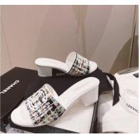 Durable Chanel Tweed Medium Heel Slide Sandals 4.5cm White/Multicolor 51955