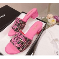 Most Popular Chanel Tweed Medium Heel Slide Sandals 4.5cm Pink 51956