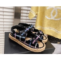 Discount Chanel Tweed Strap Sandals G38945 Black/Multicolor 2051970