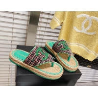 Most Popular Chanel Tweed Flat Thong Sandals Green 05197