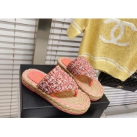 Crafted Chanel Tweed Flat Thong Sandals Orange 051976