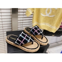 Unique Style Chanel Tweed Flat Thong Sandals Black 051978