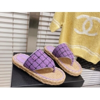 Grade Chanel Tweed Flat Thong Sandals Dark Purple 051979