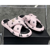 Grade Quality Chanel CC Printed Lambskin Cross Sandals Light Pink 052013