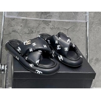 Unique Style Chanel CC Printed Lambskin Cross Sandals Black 052009