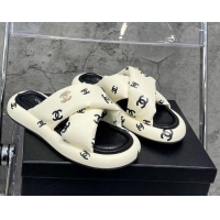 Top Grade Chanel CC Printed Lambskin Cross Sandals Light Yellow 052012