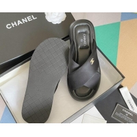 Luxurious Chanel Fabric Cross Flat Slide Sandals G38864 Black