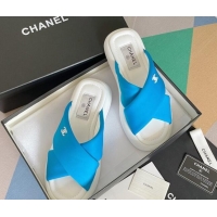 Best Grade Chanel Fabric Cross Flat Slide Sandals G38864 Blue