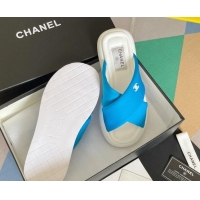 Best Grade Chanel Fabric Cross Flat Slide Sandals G38864 Blue