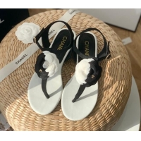 Original Cheap Chanel Grosgrain Camellia Bloom Flat Thong Sandals White/Black 052034