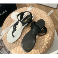 Original Cheap Chanel Grosgrain Camellia Bloom Flat Thong Sandals White/Black 052034