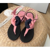 Hot Style Chanel Grosgrain Camellia Bloom Flat Thong Sandals Pink/Black 052035