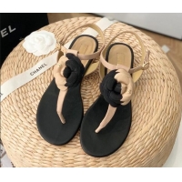 Stylish Chanel Grosgrain Camellia Bloom Flat Thong Sandals Beige/Black 052036